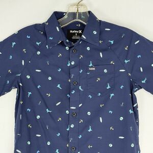 Hurley Youth Boys Small Shirt Short Sleeve Button Up Blue Allover Print Shark